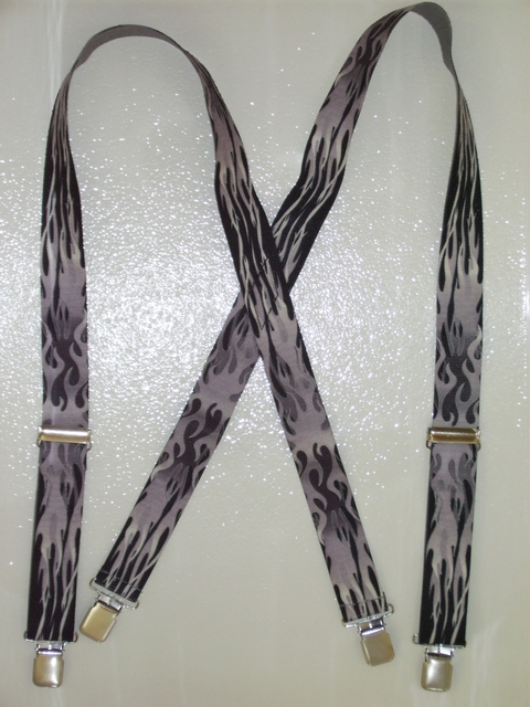 GREY FLAMES ON BLACK 1 1/2"X48" Suspenders with 4 strong 1"X1" Grips and 2 Length Adjusters in the front, all in NICKEL FINISH. UB220N48FLGY